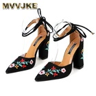 Женские туфли-лодочки mvvemark, из двух частей, с вышивкой, на высоком каблуке, с ремешком на щиколотке, с цветочным узором, для вечевечерние и свадьбы, размера плюс