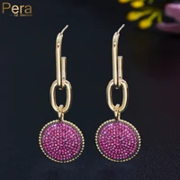 pera fashion hot pink cz pave golden long tassel link chain round dangle drop earrings for female boho jewelry gift brincos e798