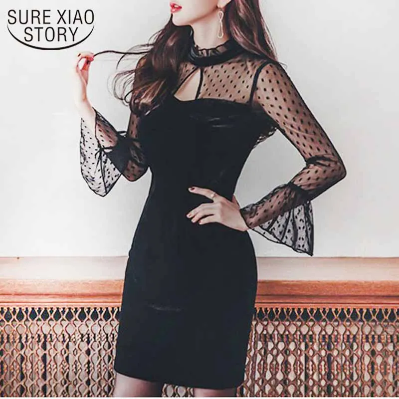 

Платье-футляр из вельвета и сетки, с расклешенными рукавами, Осень-зима 2021, облегающее, с волнистыми краями, средней длины, 12158