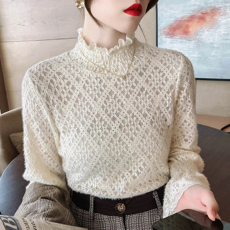 Женская кружевная блузка с высоким воротником повседневная элегантная