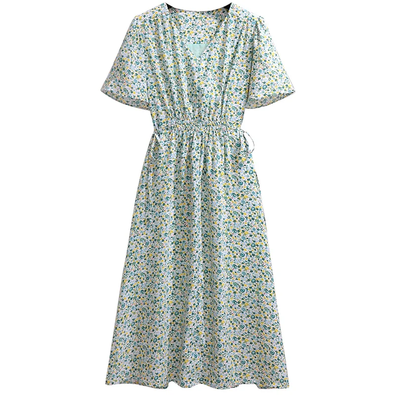 

New Hit 2021 Summer Chiffon Midi Dress For Women Short Sleeves V-Neck Floral Printed Elastic Waist Drawstring Female Dresses