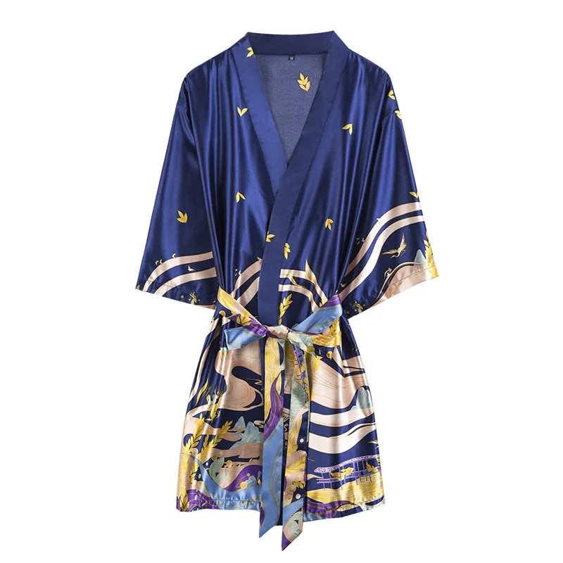 

Pajama Robe Plus Size Summer Sleepwear Women Ice Silk Robe De Soiree Femme Chic Morning Robe Printing Loose Womens Home Clothes