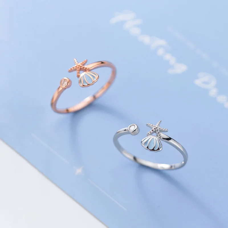 

100% Настоящее 925 пробы Серебряное изящное Открытое кольцо с морской звездой и ракушками, милое регулируемое кольцо для женщин и девочек