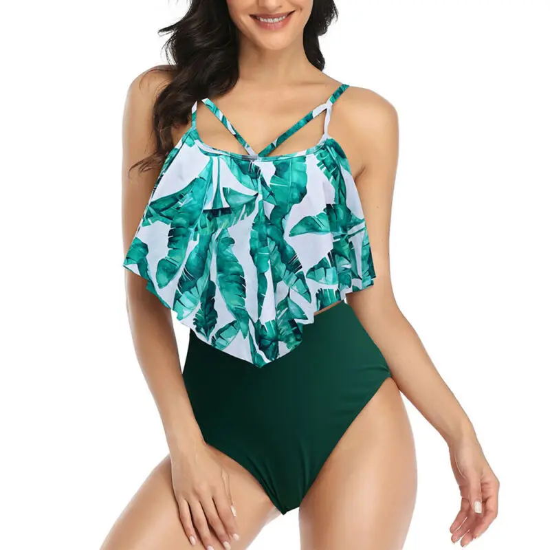 

Womens Bikini Ruffle Paded Swimsuit High Waist Strap Swimwear Beachwear Summer
