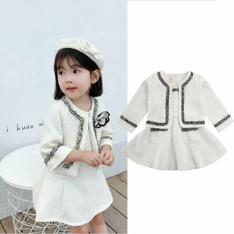 

Elegant Kids Baby Girls Linen Pageant Long Sleeve Coat Top + Tutu Sleeveless Dress 2pcs Party Clothes Size 1-6Y