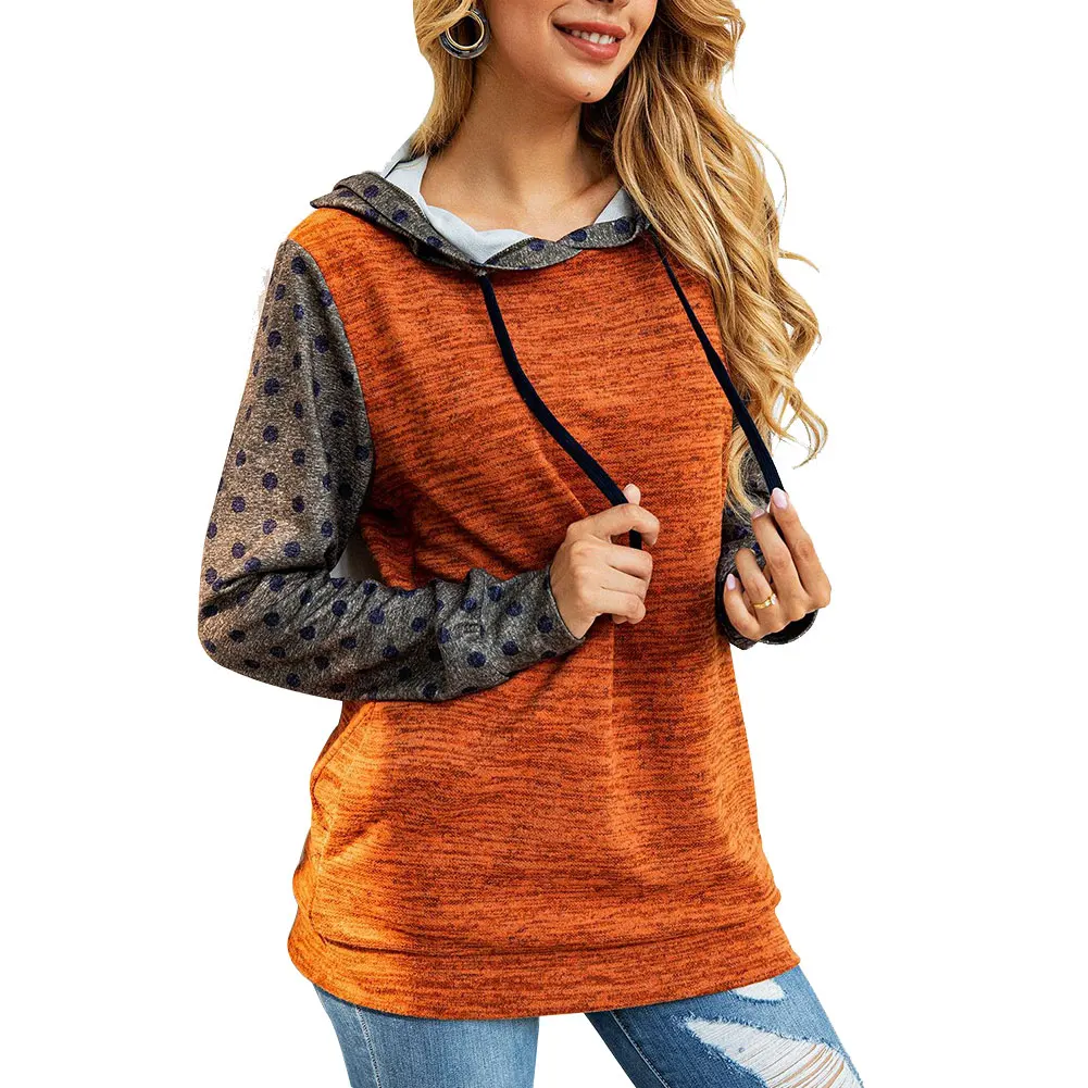 

Newly Autumn Hoodies Women Leopard Polka Dot Splicing Pockets Fashion Casual Hoodies Pullovers Tops DO99