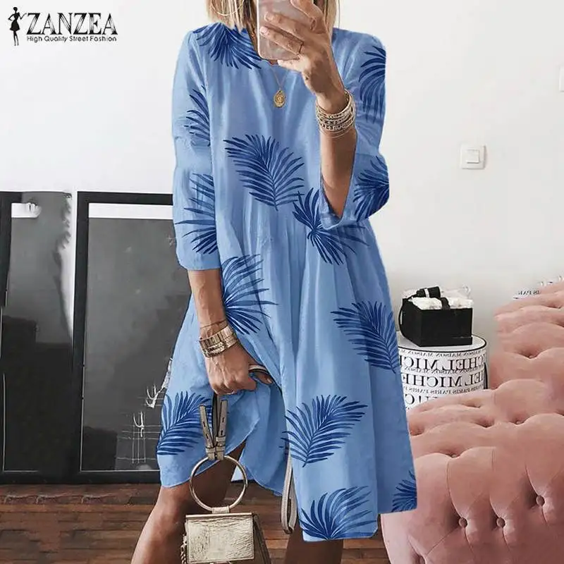 Плюс размер ZANZEA Платье женское осень лето Vestido туника 3/4 рукав Печатный пляж Дамская рубашка-миди платья кафтан