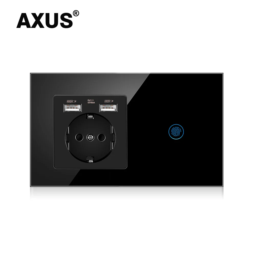 AXUS Light Touch Switch With EU Power Wall USB Sockets Black Led Switches 1/2/3Gang 1Way Crystal Panel Dark Blue Backlight |