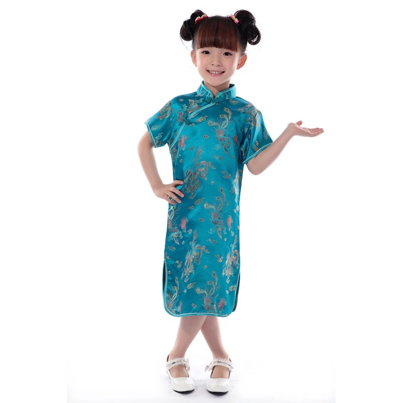 Sky blue dress Детские винтажные восточные китайские традиционные костюмы для девочек с вышивкой дракона, атласные шелковые платья для девочек - Цвет: Sky blue dress