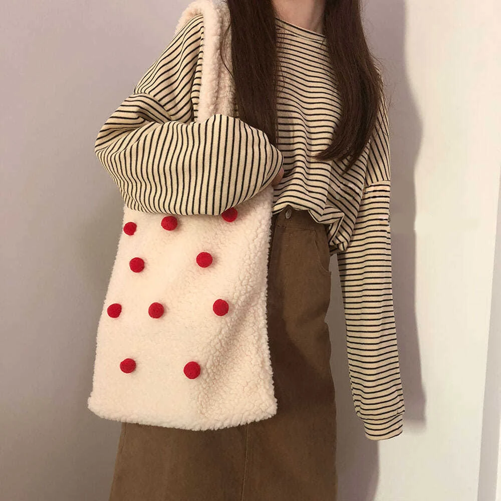 

2021 New All-match Simple Shoulder Bag Women Bag Underarm Bag Handbag Female Cotton Cute Plush Contrast Color Hairball Fashion