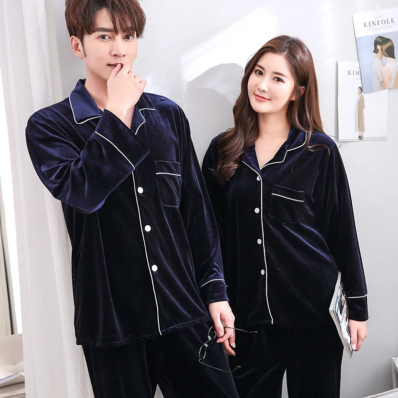 Золотая Бархатная Пижама для пары женский зимний костюм с длинным рукавом