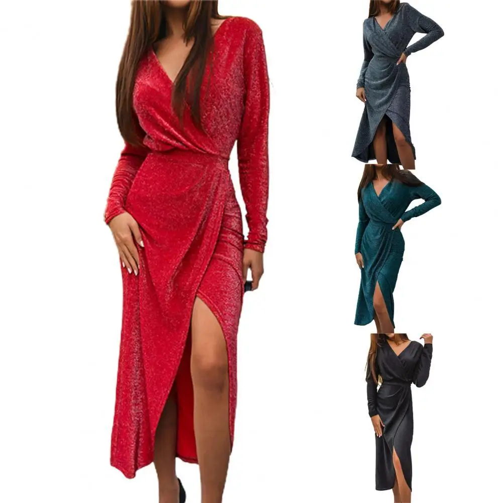 

Элегантное женское платье с V-образным вырезом, элегантное однотонное сексуальное блестящее женское платье с длинным рукавом, женское длин...