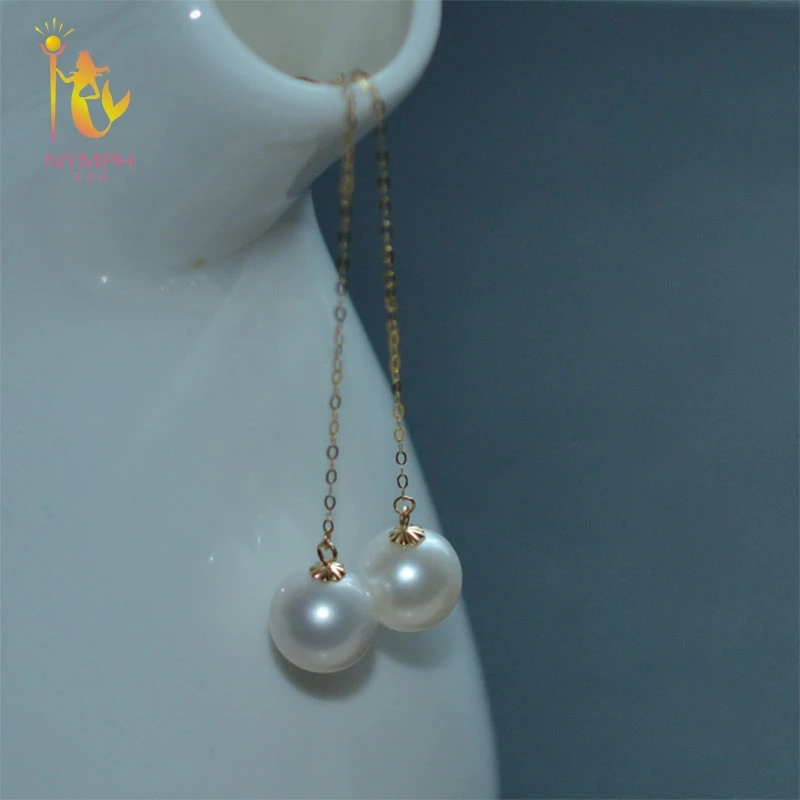 Серьги подвески NYMPH из 18 каратного желтого золота с пресноводным жемчугом