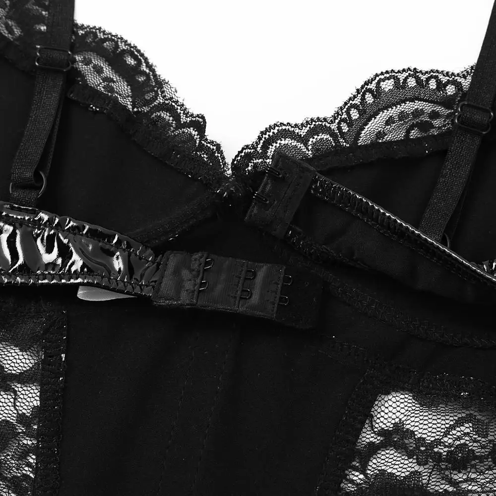 

Femme Lingerie Erotic Womens Spaghetti Straps Backless Babydoll Nightwear Sexy Lace Splice Leather Bodycon Mini Dress Chemises