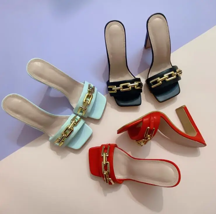 

2021 spring/summer new single-layer leather metal women slippers fashion square chain high heel sandals beach flip flop