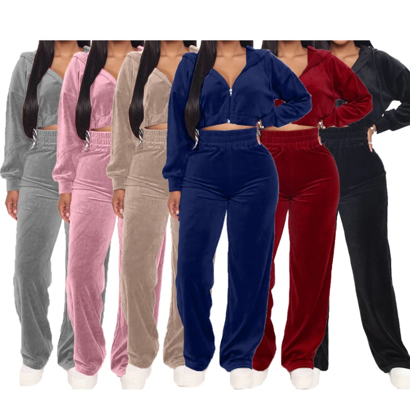 

Velvet Tracksuit 2 Two Piece Set Women Zipper Hoodies Crop Top + Wide Leg Pants Sweatsuits Jogging Femme Velour Mujer 2021