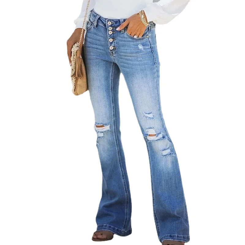

Donsignet Women Jeans Spring Autumn Boot Cut Jeans Hole Jeans Female Hipster Button Casual Fashion Blue Woman Jeans