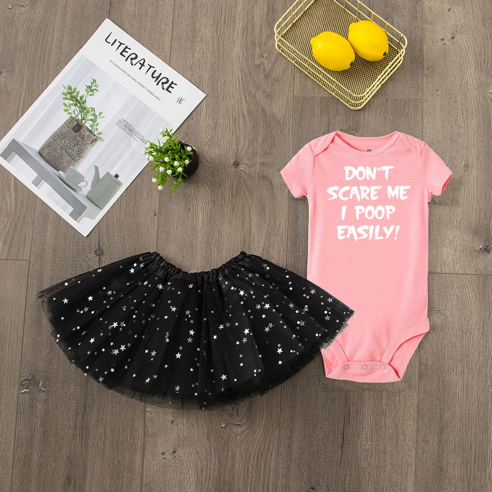 

Don't Scare Me I Poop Easily Newborn Toddler Baby Girl 2pcsShort Sleeve Romper Tulle Tutu Skirt Set Fashion Infant Sets