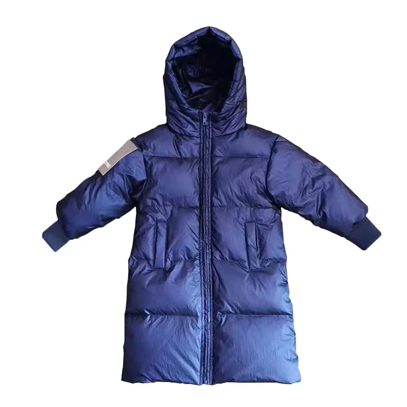 Модное зимнее белое длинное детское пуховое пальто пуховик с капюшоном для