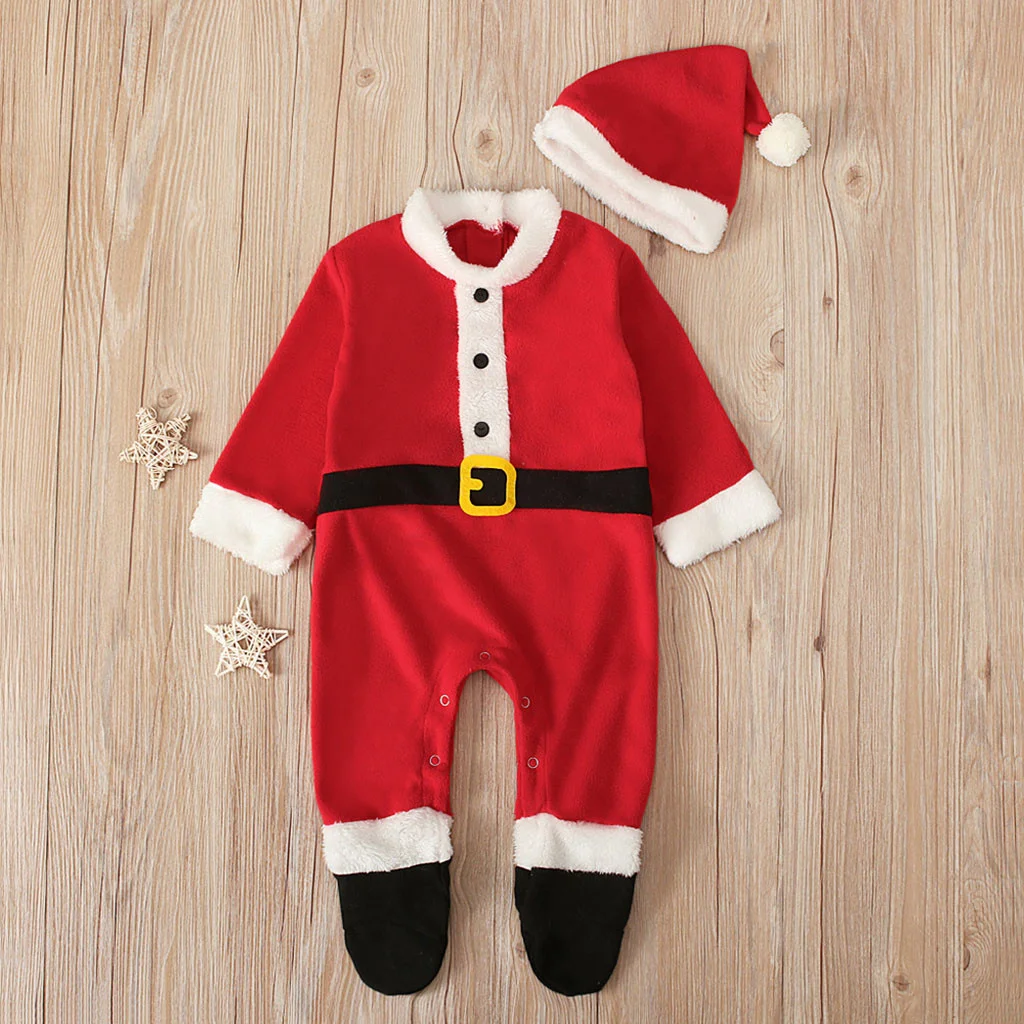 

2pcs Baby Cute Christmas Santa Romper Winter Infant Baby Boys Girls Cosplay Clothing Long Sleeve Jumpsuit+Hat New year Outfits