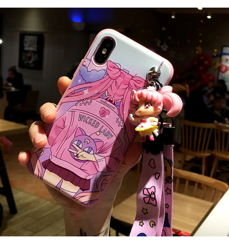 Для iphone Xsmax милые 3D Сейлор Мун чехол для телефона для iphone 8plus 6 S плюс с нарисованной девочкой, задняя крышка для iphone XR 7 plus длинный ремень