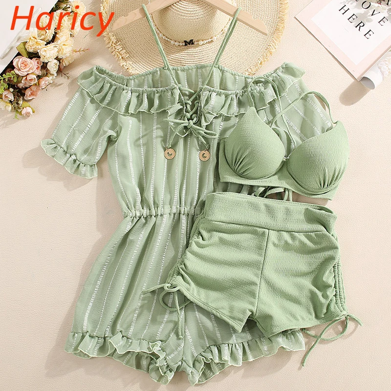 Женский раздельный купальник размера плюс бикини с оборками высокая талия