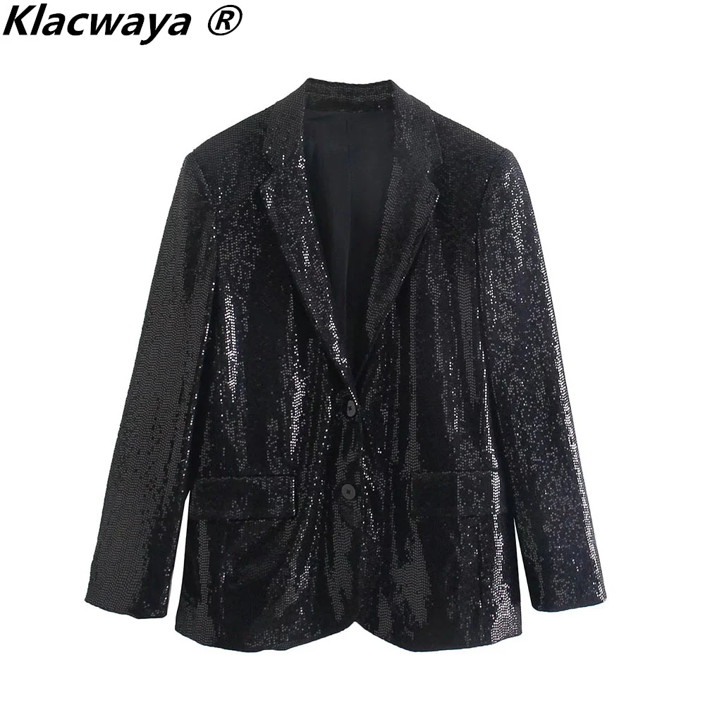 

Klacwaya Black Sequin Jackets For Women 2021 Spring Autumn Single Breasted Women Coat Pockets Casual Female Blazers
