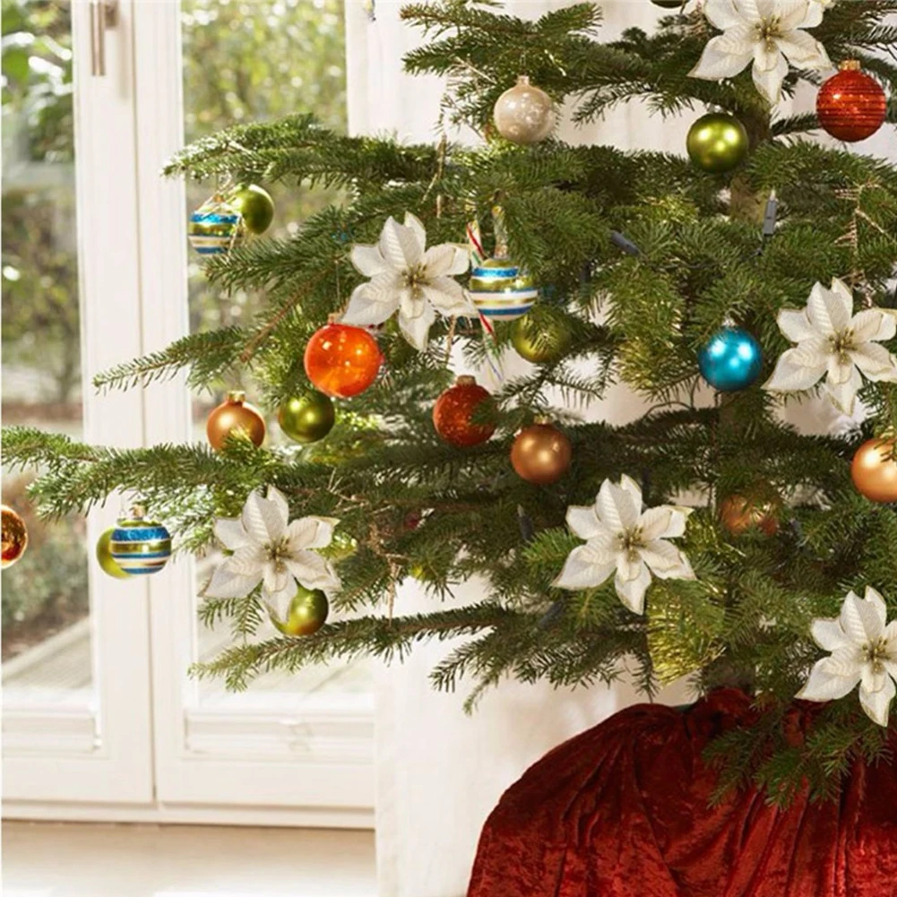 10 шт. орнамент Блестящий Poinsettia вечерние украшения подарок Рождественская елка