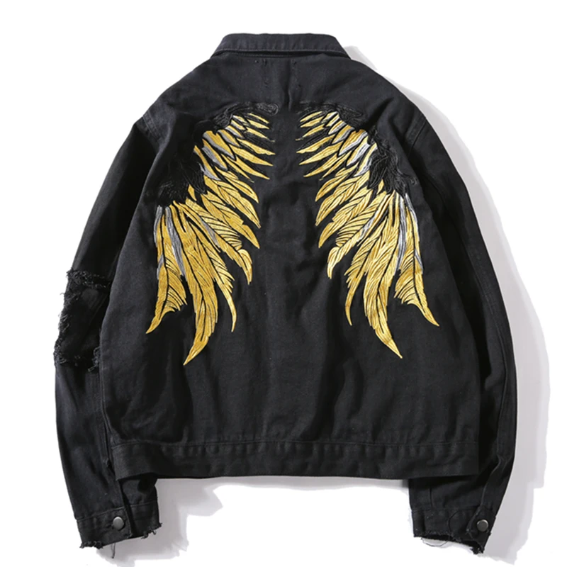 TANG 2019 Spring Hip Hop Jeans Coats Men Gold Wing Embroidery Jacket Denim Ripped Hole Jackets Streetwear | Мужская одежда
