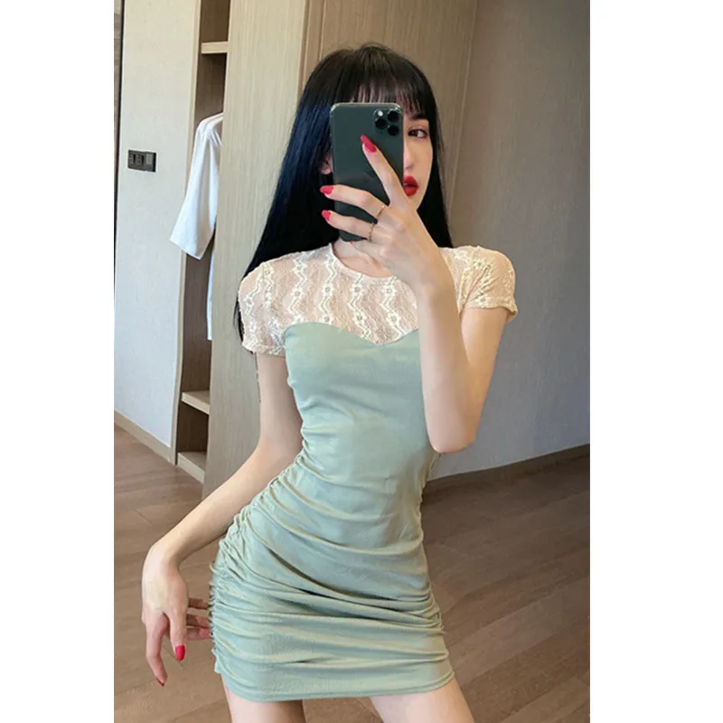 

2020 new style lace stitching pure color slim fold bag hip waist sexy fashion dress women