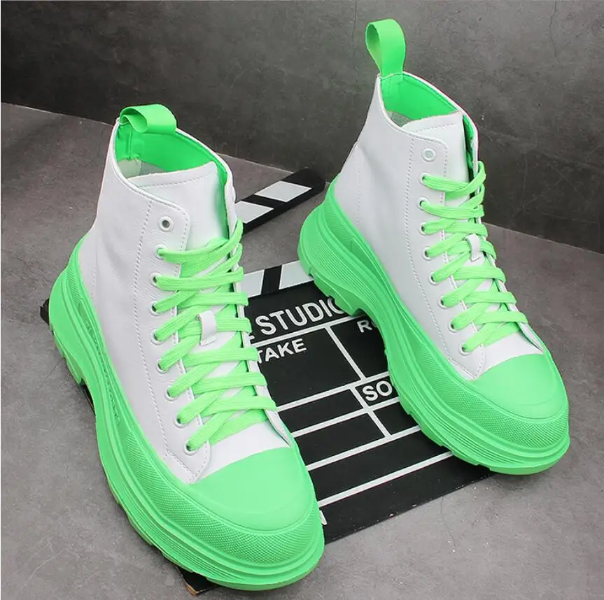 Beli Sneakers Pria Kulit Atasan Tinggi Warna Campuran Sepatu Kasual Sepatu Penambah Tinggi Hip-Hop Sepatu Bot Pergelangan Kaki Zapatillas Hombre