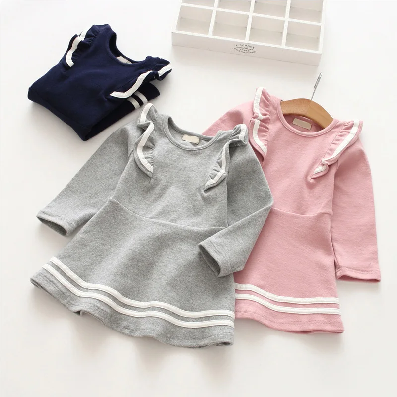 Girls Long Sleeve Dress Autumn Winter Children Lotus Leaf Solid Color Warm Fashion Kid Stripe Ruffles Party Princess | Детская одежда и