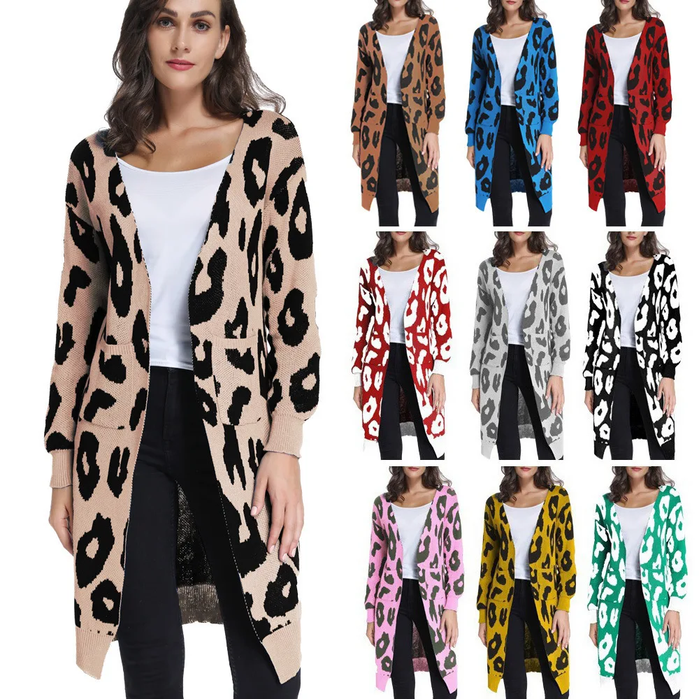 

BONJEAN Leopard Sweater for Women 2020 Loose Cardigans V-Neck Long Knitted Sweater Patchwork Open Stitch Black Sweaters BJ486