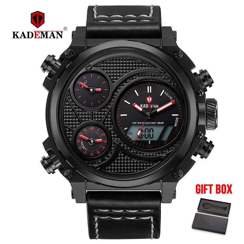 black red KADEMAN мужские часы милитари, спортивные кварцевые часы светодиодный цифровой двойной дисплей водонепроницаемые кожаные Наручные часы Relogio Masculino - Цвет: black red