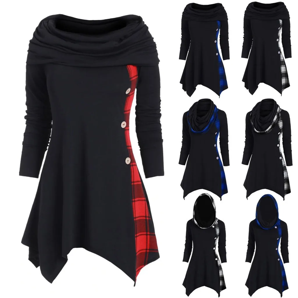 Женская Асимметричная толстовка с капюшоном размера плюс в клетку воротом