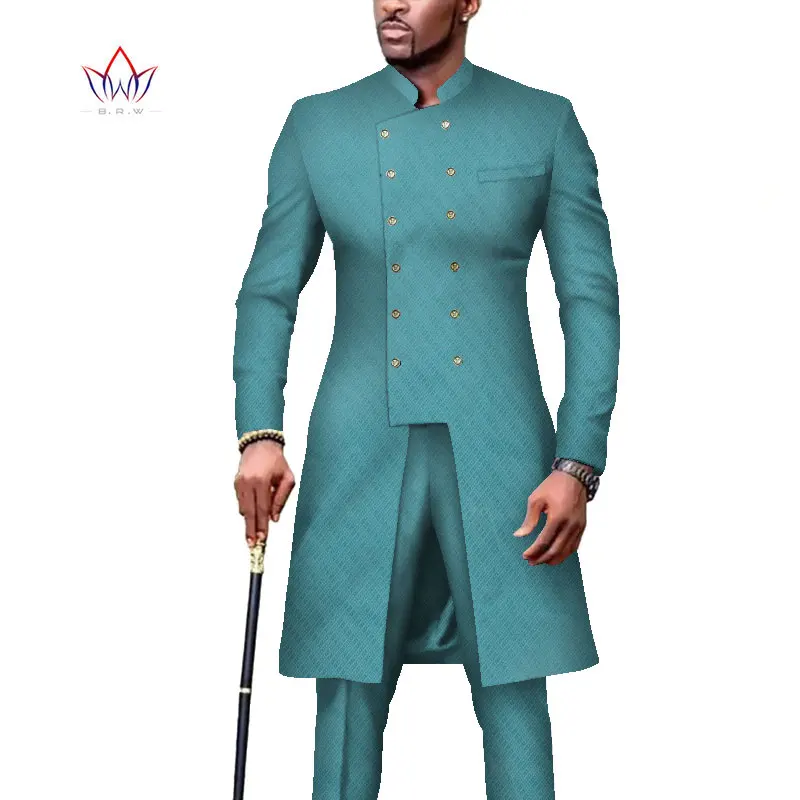 2021 BRW African Clothing Men 2 Pieces Pants Sets Work Wedding Men Long Shirt and Pants Sets Double Breasted Blazer Suit WYN1215