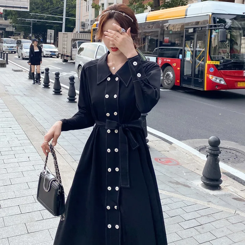 

Women Korean Dress Fashion One Piece Autumn Spring 2021 New Office Lady Long Sleeve Stand Neck High Waist Black Dresses Traf