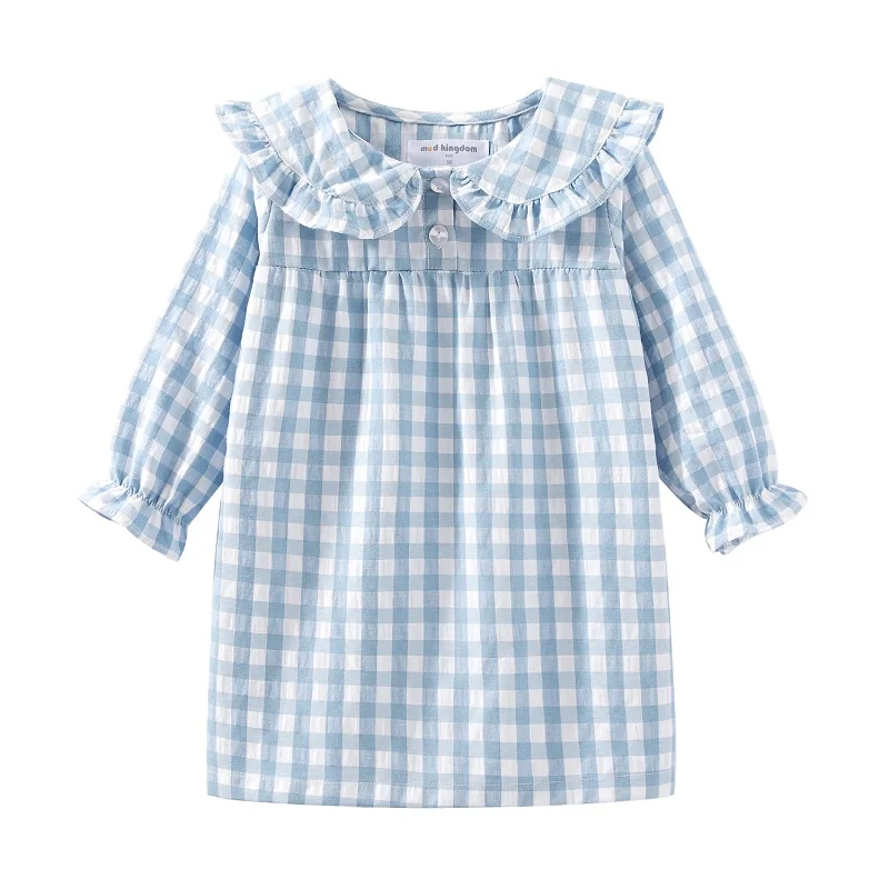 Mudkingdom Ruffle Collar Girls Nightgowns Plaid Long Sleeve Toddler Pajamas Dress Peter Pan Cute Sleep Shirts Girl Homewear