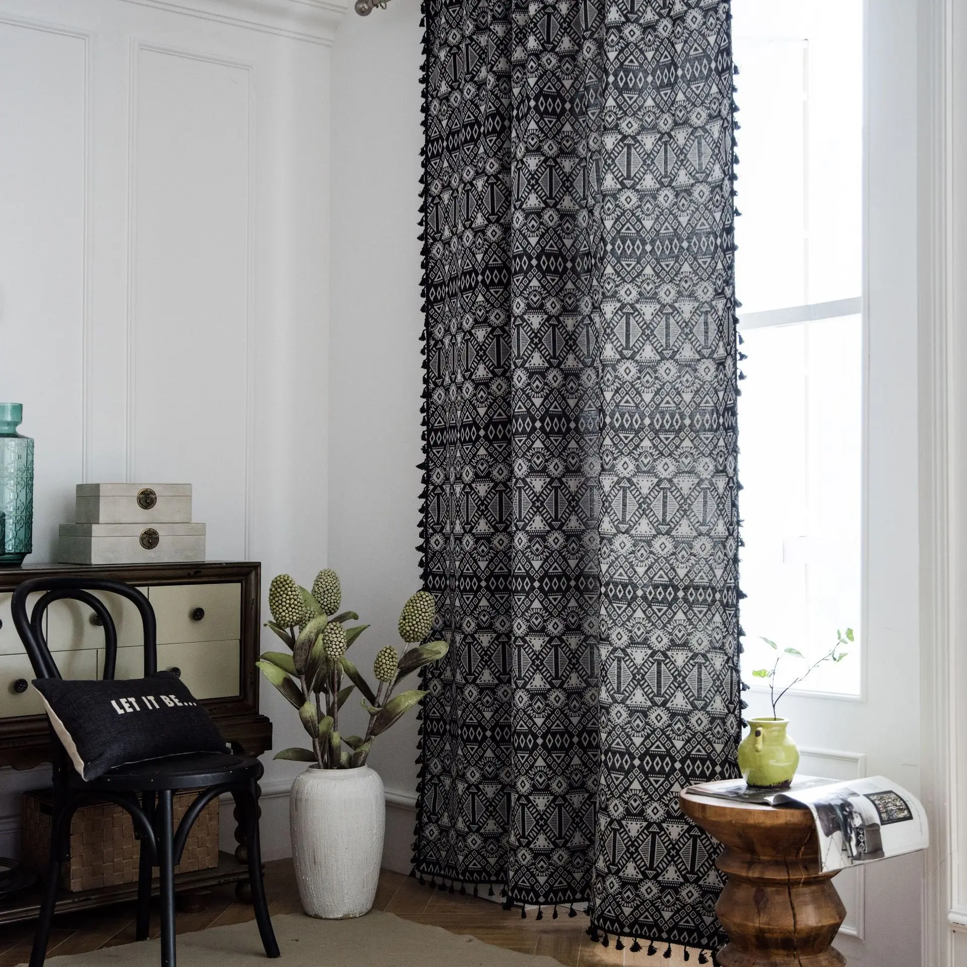

American Country Style Black Geometric Tassels Curtains For Kitchen Living Room Bay Window Curtains Thick Linen Fabric Curtain