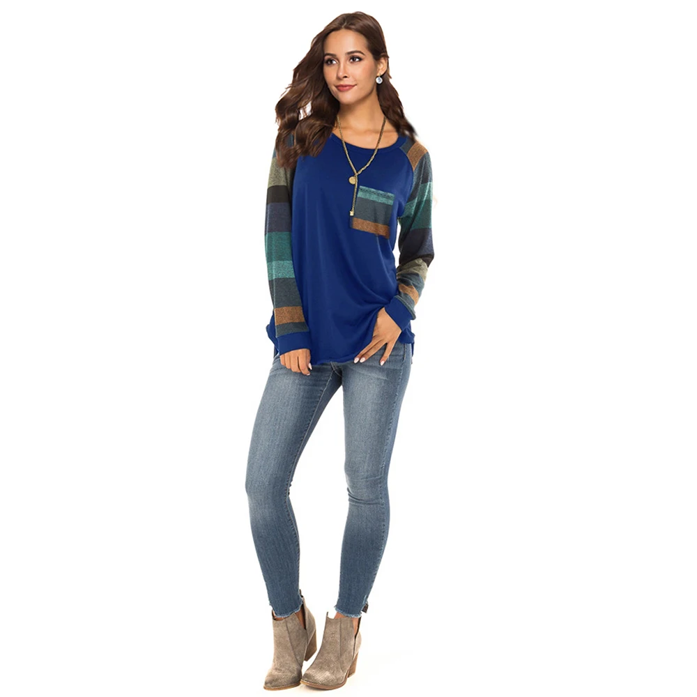 

Women Autumn Fashion Multicolor Patchwork Pullovers Casual Loose O-Neck Long Sleeve Top Elegant Vintage Striped Streetwear