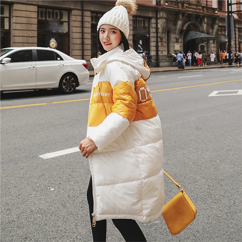 Lucyever Fashion Long Patchwork Letter Hooded Parka Woman Mix Color Thick Slim Jacket Women 2019 Winter Casual Warm Coat Mujer | Женская