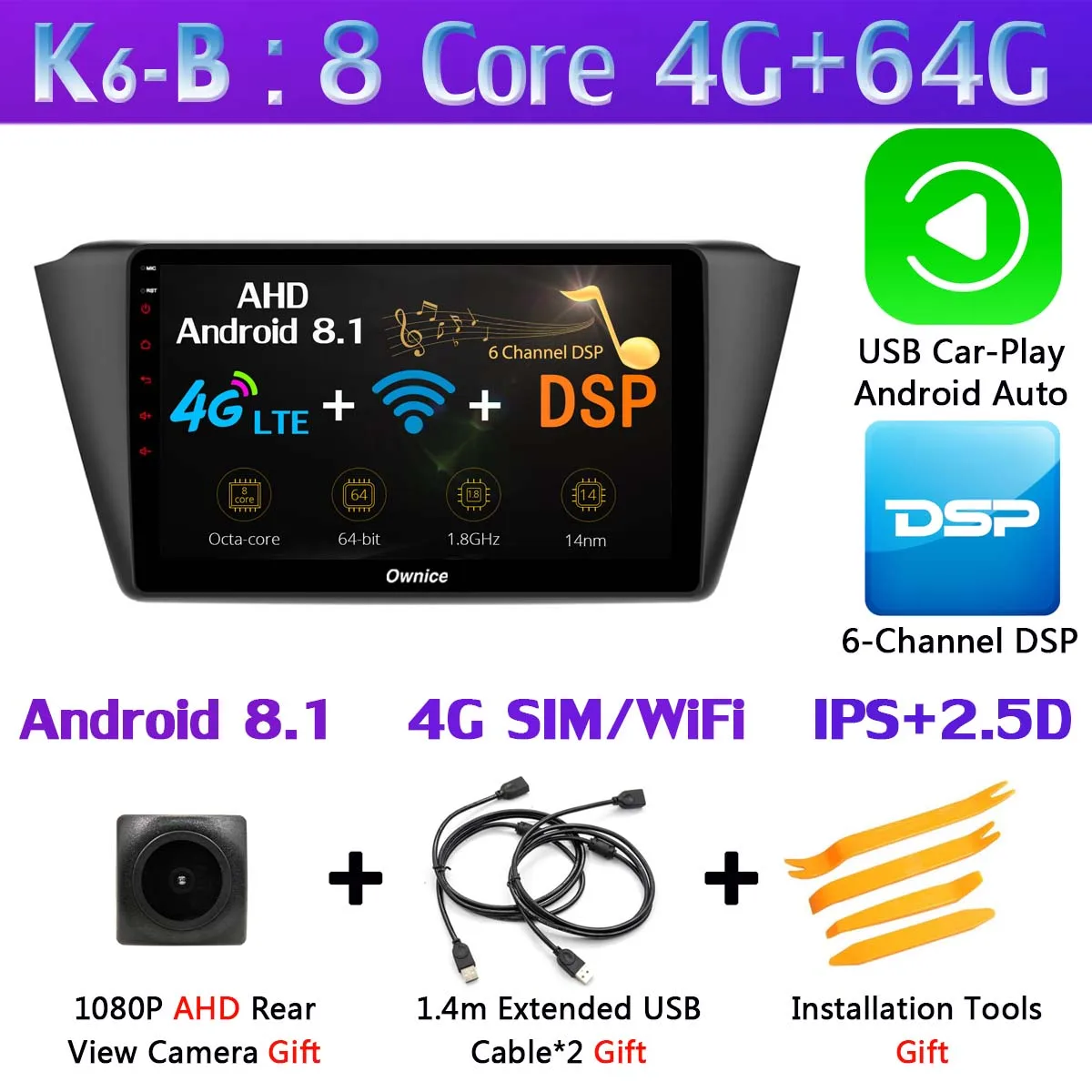 360 ° ×AHD панорамная камера 4G LTE Android 9,0 4 Гб+ 64 Гб DSP CarPlay Автомобильный gps радио плеер для Skoda Fabia mk3 - Цвет: K6-B-CarPlay
