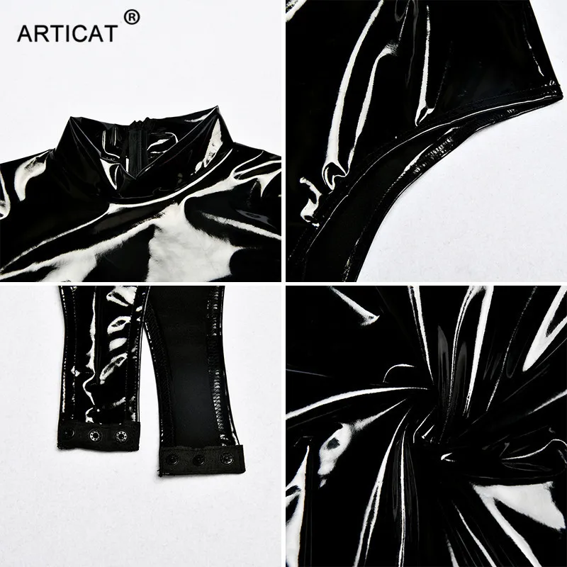 

Articat Black Turtleneck Sexy PU Leather Bodysuit Women Tops Long Sleeve Skinny Rompers Womens Jumpsuit Casual Party Bodysuits