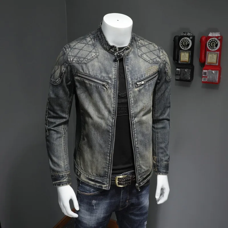 Mens Blue Denim Vintage Classic Biker Motorcycle Jacket Stand Collar Retro Slim Fit Distressed Racer Jean Coat Plus Size 5XL |