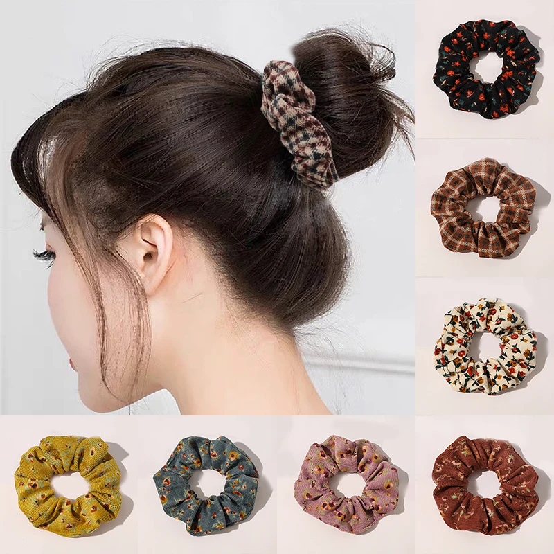 

New Plaid Floral Vintage Scrunchies Corduroy Hair Rope Ties Elastic Hair Bands Korean Women Ponytail Holder Headwear Accessories