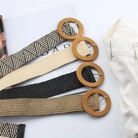 women knitted belt round square summer braided elastic belt wooden buckle dress belt women buckle belt vintage bohe straw
