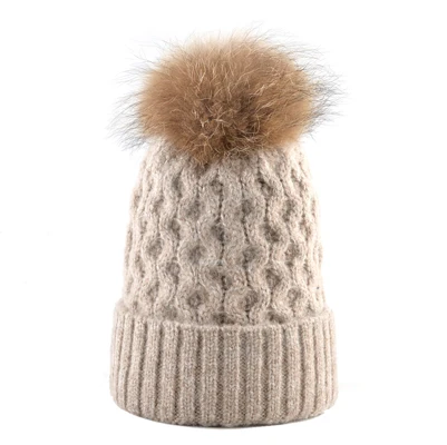 Женская зимняя шапка женская теплая вязаная шерстяная шапка с шапкой из натурального меха с помпоном для девочек сплошной цвет вязаная шерстяная шапки - Цвет: Khaki