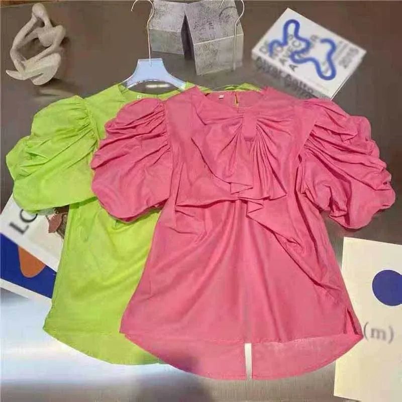

GALCAUR Yellow Patchwork Bowknot Shirt For Women O Neck Puff Short Sleeve Designer Solid Blouses Female Fashion Clothes 2021 New