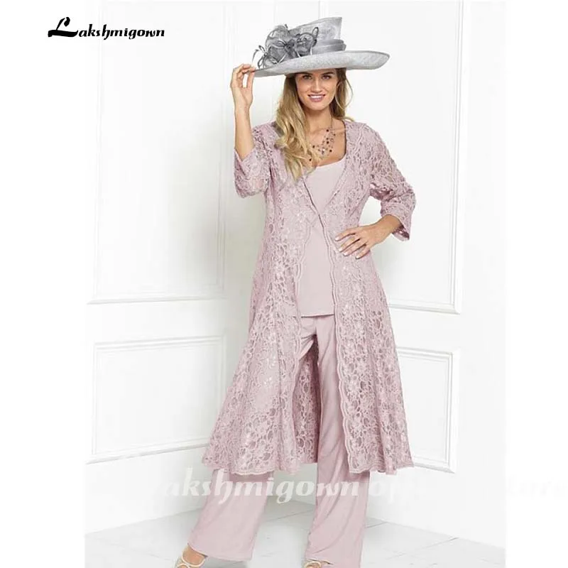 

Three Pieces Plus Size Mother Of The Bride Pant Suits Long Jackets Square Neck Wedding Guest Dress Lace Mothers Groom Dresses