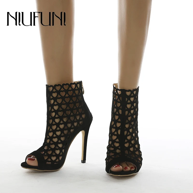 

Peep Toe Heart-shaped NIUFUNI Women Ankle Sandals Boots Fashion Stiletto High Heels Zipper Casual Shoes For Women femmes bottes